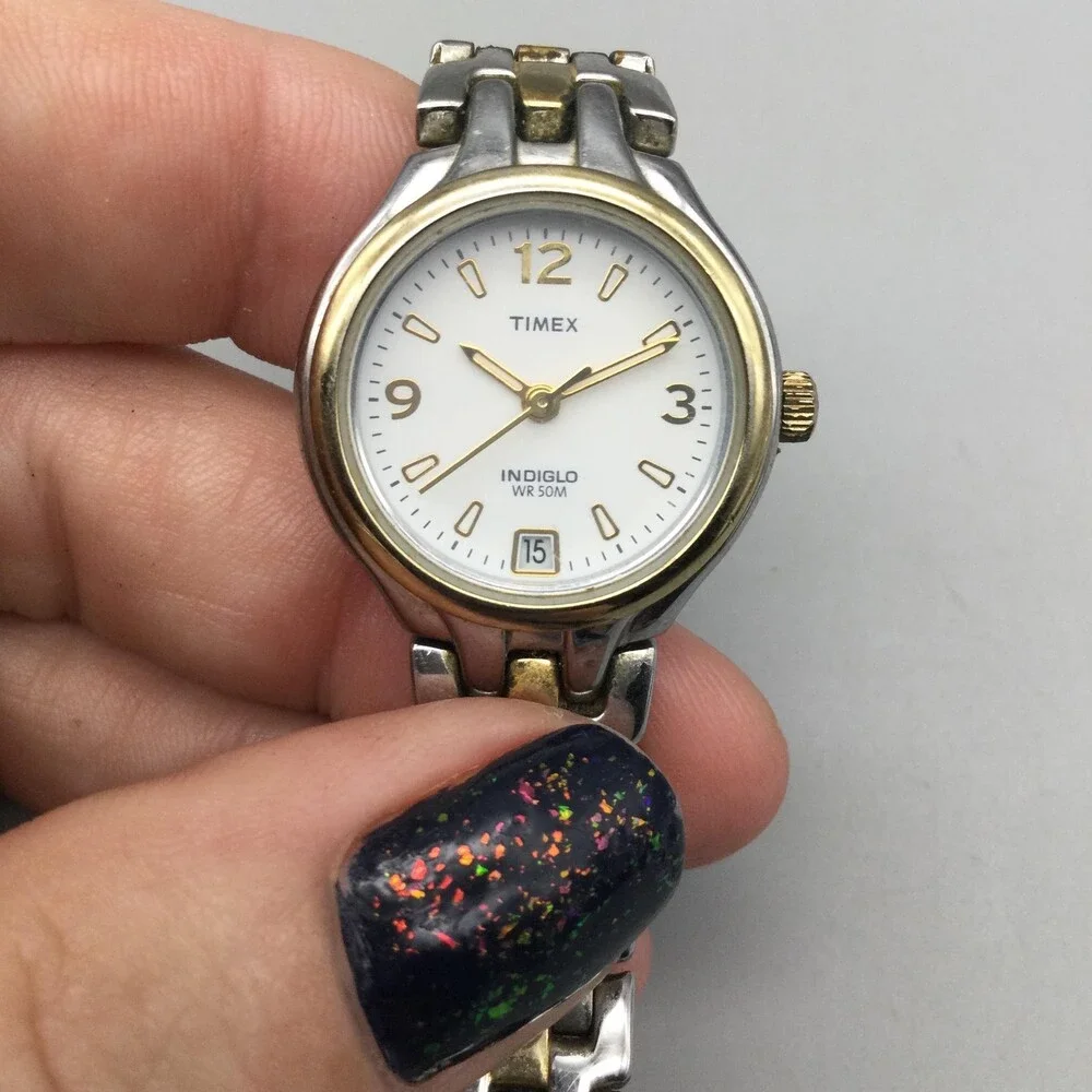 Timex Indiglo 50M Womens Watch 24mm White Dial Two Tone Date New Battery 7.75